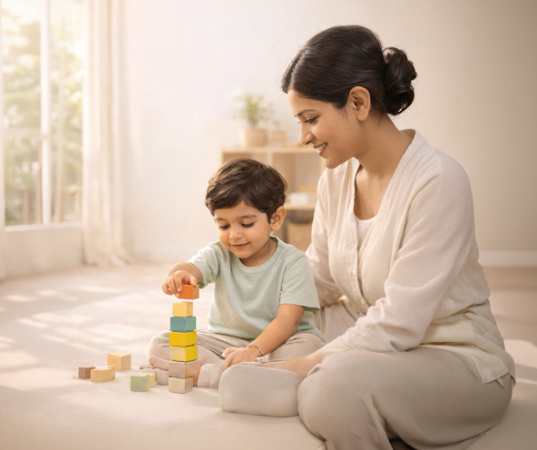 Mother and child playing with blocks